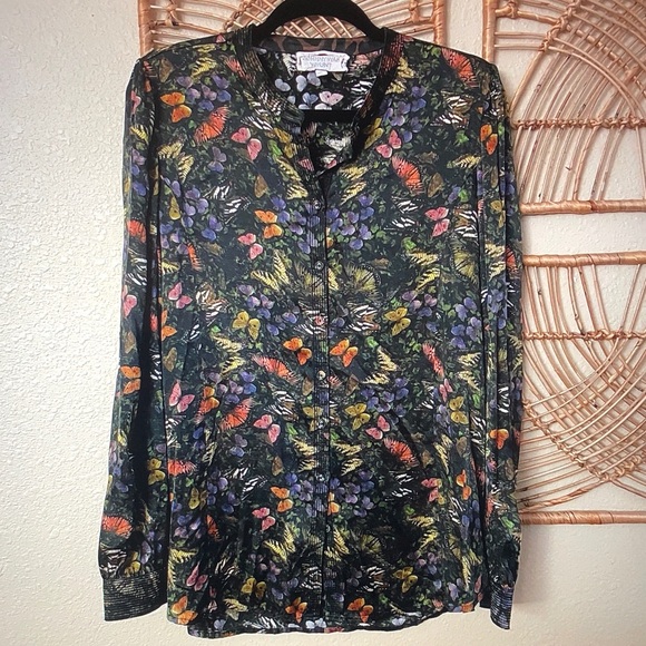 Johnny Was Tops - Johnny Was Black Button-Front Top with Multicolor Floral & Butterfly Print